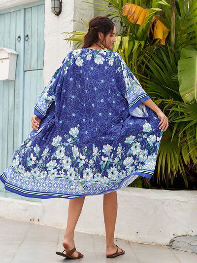 Blue Women's Lightweight Beach Cardigan-Floral Print Kimono