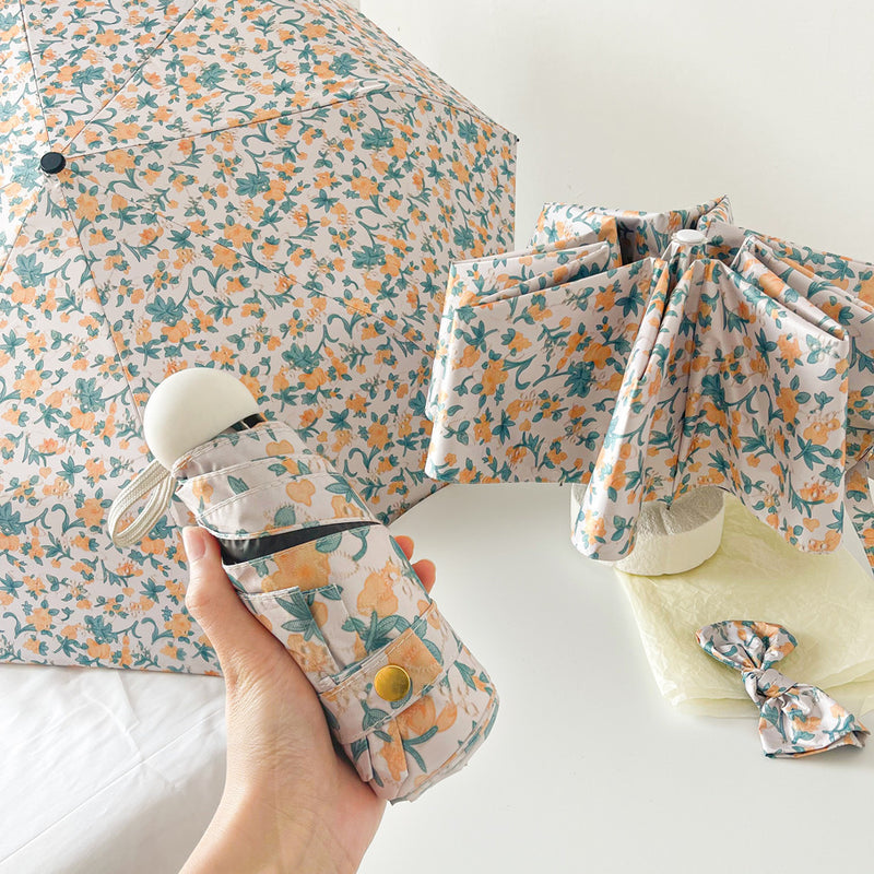 Yellow And Green Floral Mini 5-Fold Umbrella - Portable, Anti-UV, Black Glue Coating