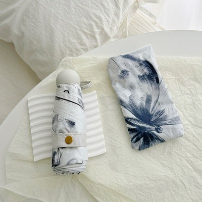 White Butterfly Mini 5-Fold Umbrella - Portable, Anti-UV, Black Glue Coating