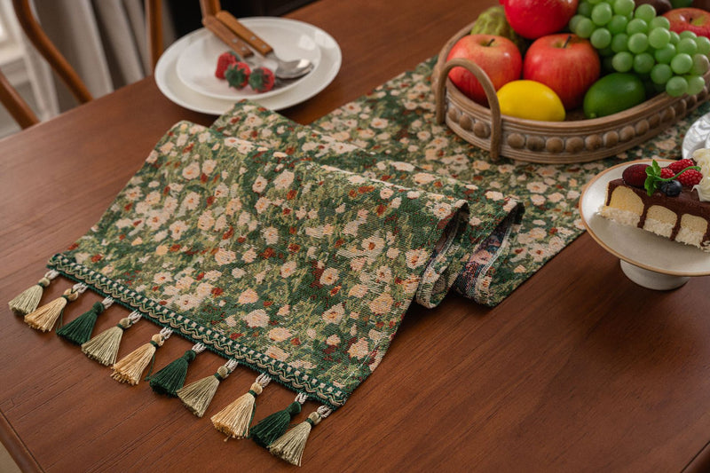Floral Table Runner with Tassels - Jacquard Green Farmhouse Style (33x160cm)