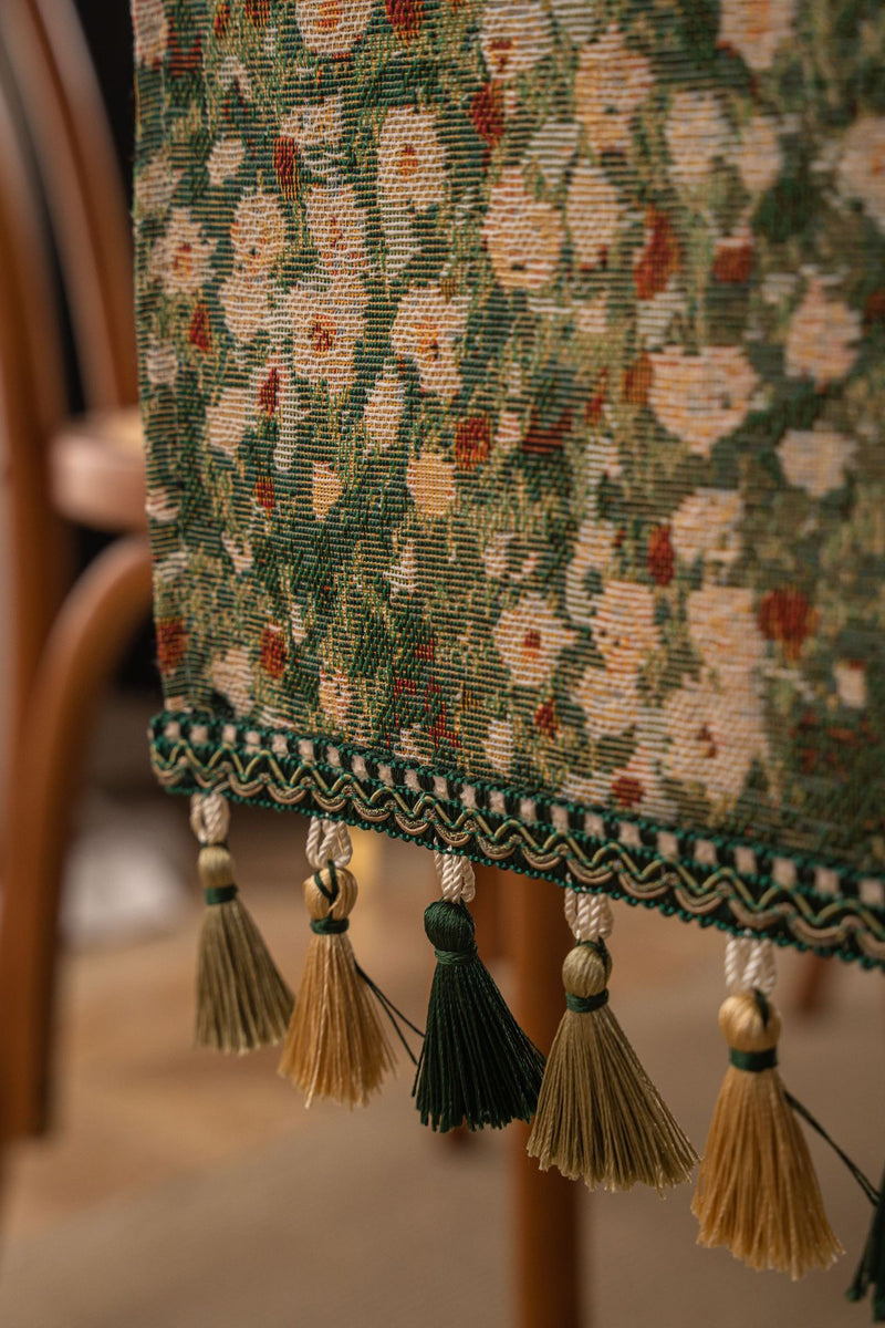Floral Table Runner with Tassels - Jacquard Green Farmhouse Style (33x160cm)