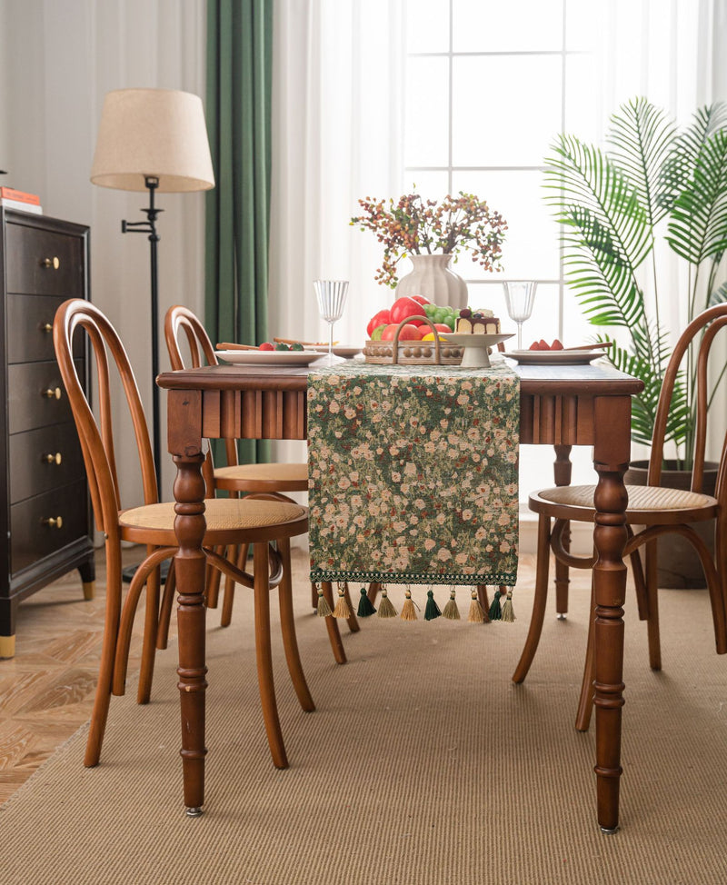 Floral Table Runner with Tassels - Jacquard Green Farmhouse Style (33x400cm)