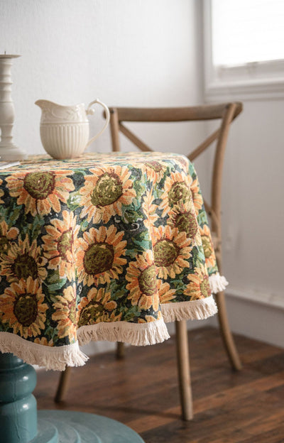 Round Sunflower Tablecloth - Jacquard Woven Cotton with Fringe Trim (150cm)