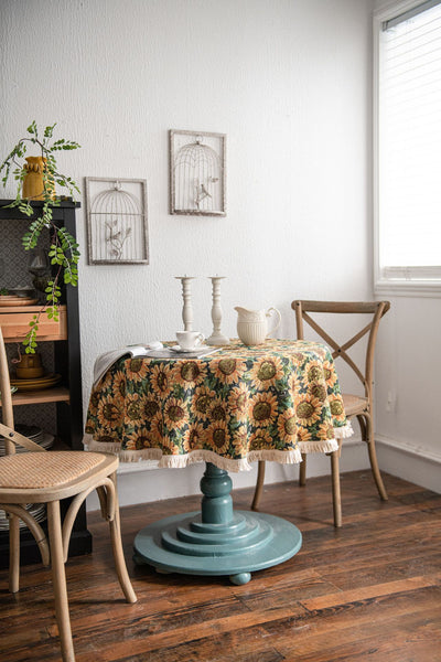 Round Sunflower Tablecloth - Jacquard Woven Cotton with Fringe Trim (120cm)