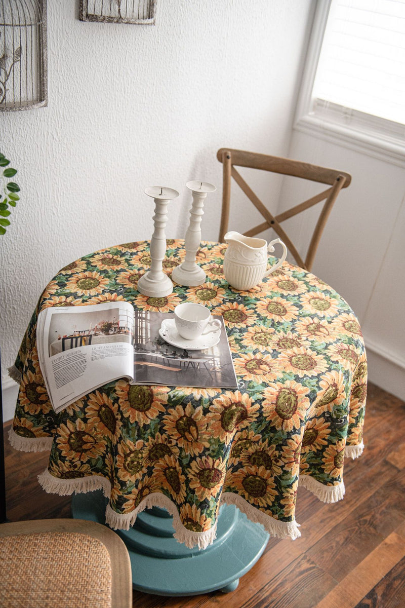 Round Sunflower Tablecloth - Jacquard Woven Cotton with Fringe Trim (90cm)