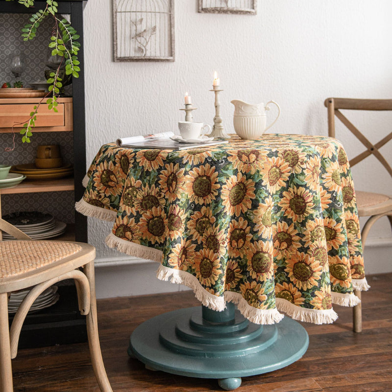 Round Sunflower Tablecloth - Jacquard Woven Cotton with Fringe Trim (90cm)