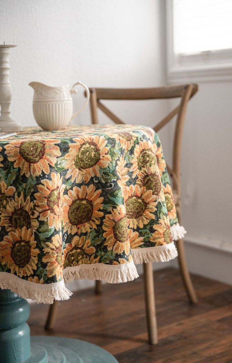 Round Sunflower Tablecloth - Jacquard Woven Cotton with Fringe Trim (90cm)