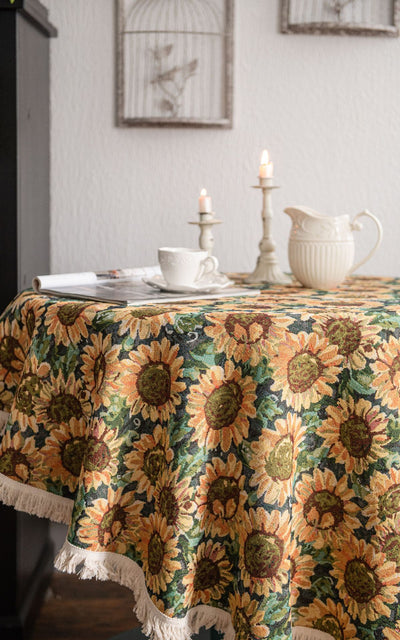 Round Sunflower Tablecloth - Jacquard Woven Cotton with Fringe Trim (90cm)