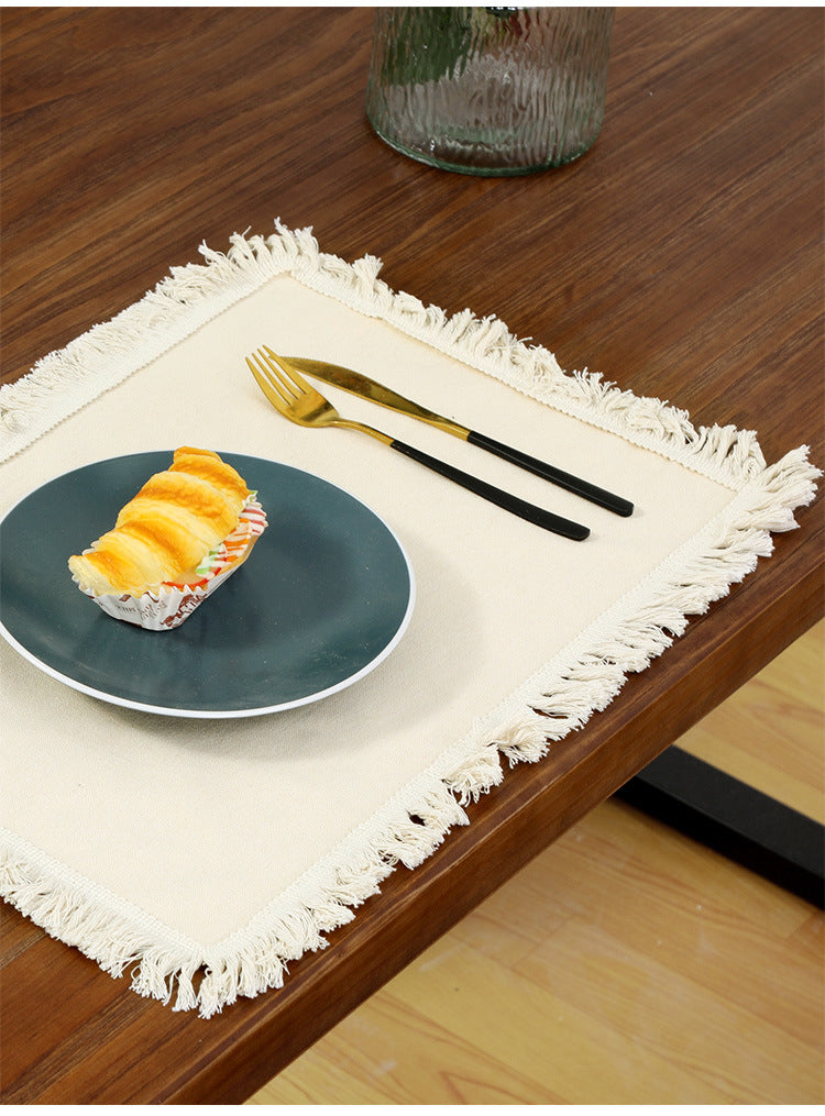 4 PCS Beige Cotton Linen Placemat with Fringe - Solid Color Table Mat for Dining (30x30cm)
