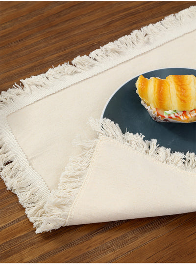 4 PCS Beige Cotton Linen Placemat with Fringe - Solid Color Table Mat for Dining (30x30cm)