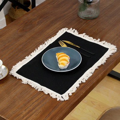 4 PCS Black Cotton Linen Placemat with Fringe - Solid Color Table Mat for Dining (30X30CM)