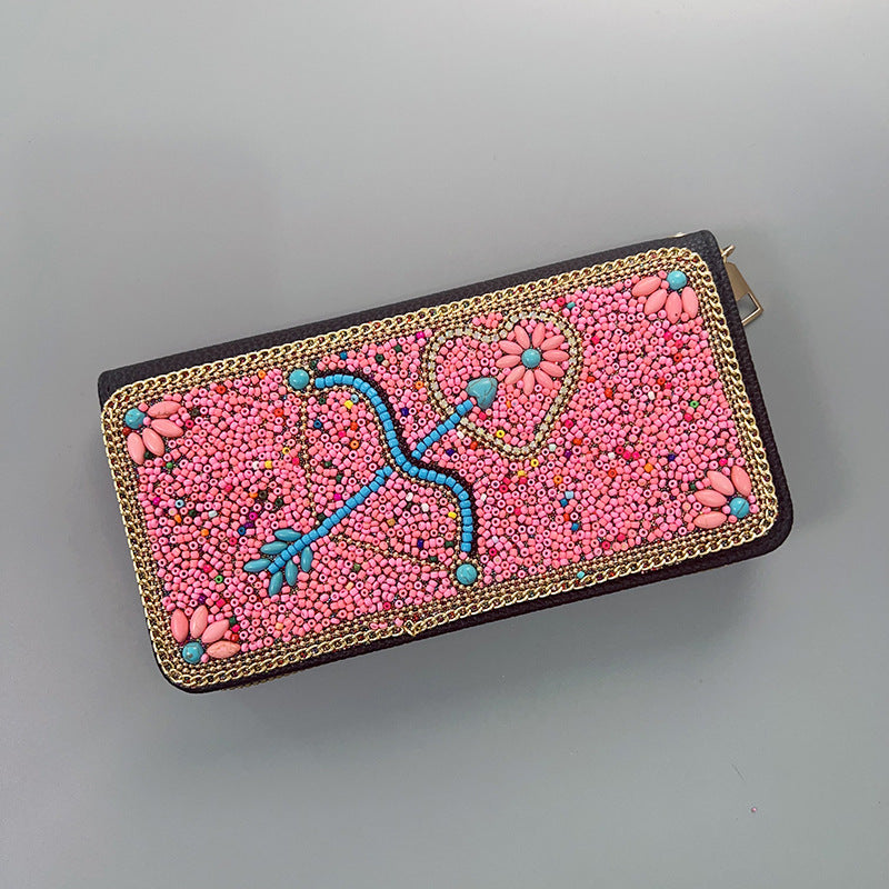 Pink Bow And Arrow Ethnic Style Beaded Clutch - Handmade Retro Wallet Style 9
