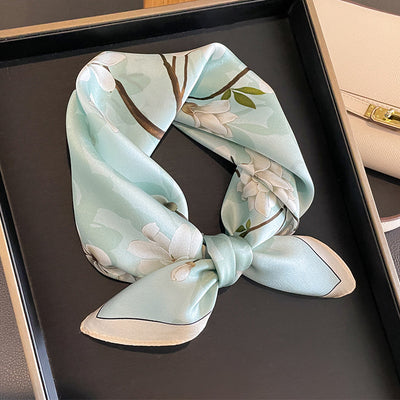 Blue Pure Silk Scarf - Elegant Flower Design, Square Handkerchief (Style 8)