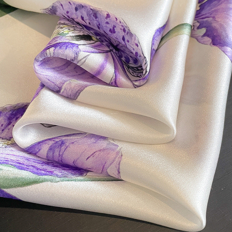 Purple Pure Silk Scarf - Elegant Flower Design, Square Handkerchief (Style 9)