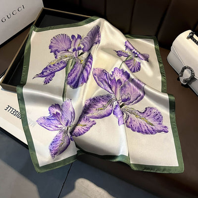 Purple Pure Silk Scarf - Elegant Flower Design, Square Handkerchief (Style 9)