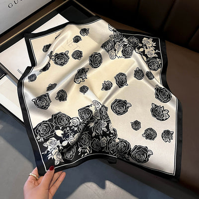 Black Pure Silk Scarf - Elegant Flower Design, Square Handkerchief (Style 10)