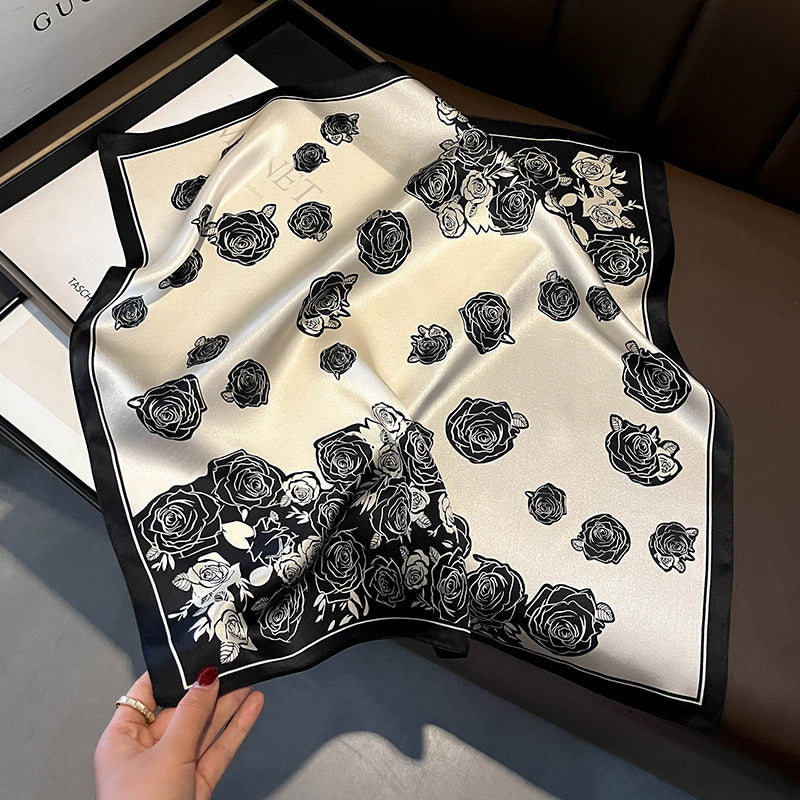 Black Pure Silk Scarf - Elegant Flower Design, Square Handkerchief (Style 10)