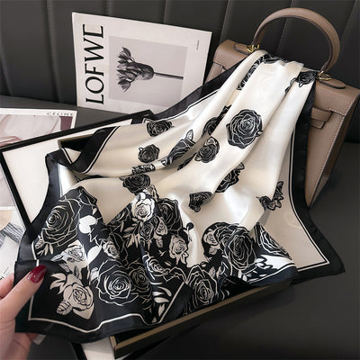 Black Pure Silk Scarf - Elegant Flower Design, Square Handkerchief (Style 10)