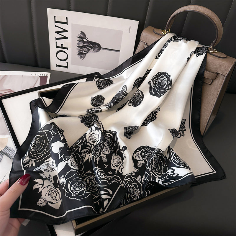 Black Pure Silk Scarf - Elegant Flower Design, Square Handkerchief (Style 10)