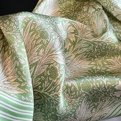 Green Pure Silk Scarf - Elegant Flower Design, Square Handkerchief (Style 14)