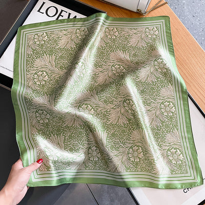 Green Pure Silk Scarf - Elegant Flower Design, Square Handkerchief (Style 14)