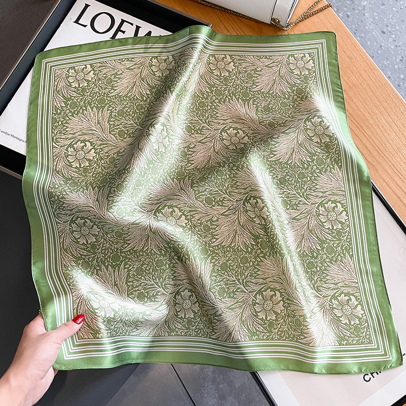 Green Pure Silk Scarf - Elegant Flower Design, Square Handkerchief (Style 14)