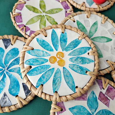 (Blue Leaf Fruit Pattern) Set of 5 Rattan & Shell Coasters - Decorative & Heat Resistant