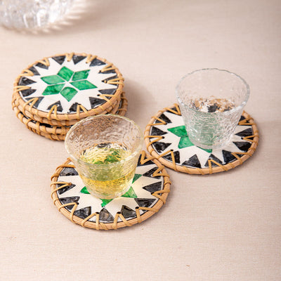 (Tooth Green Pattern) Set of 5 Rattan & Shell Coasters - Decorative & Heat Resistant