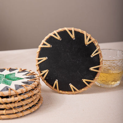 (Tooth Green Pattern) Set of 5 Rattan & Shell Coasters - Decorative & Heat Resistant