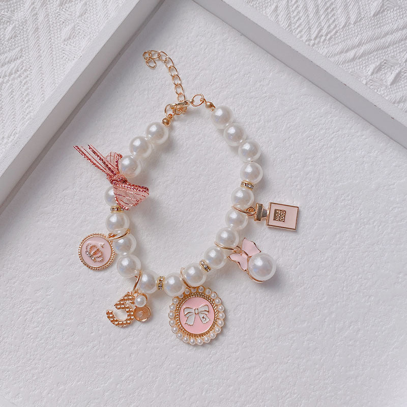 Pink 4-PCS Pearl Charm Pet Necklace - Adjustable Bowknot Collar for Small Dogs & Cats (M: 25+5CM)