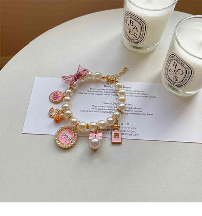 Pink 4-PCS Pearl Charm Pet Necklace - Adjustable Bowknot Collar for Small Dogs & Cats (L: 30+5CM)