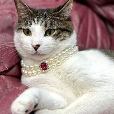 3-pcs Red Diamond  Double Strand Pearl & Rhinestone Pet Necklace - Luxury Collar for Cats & Dogs Size M (25-31CM)