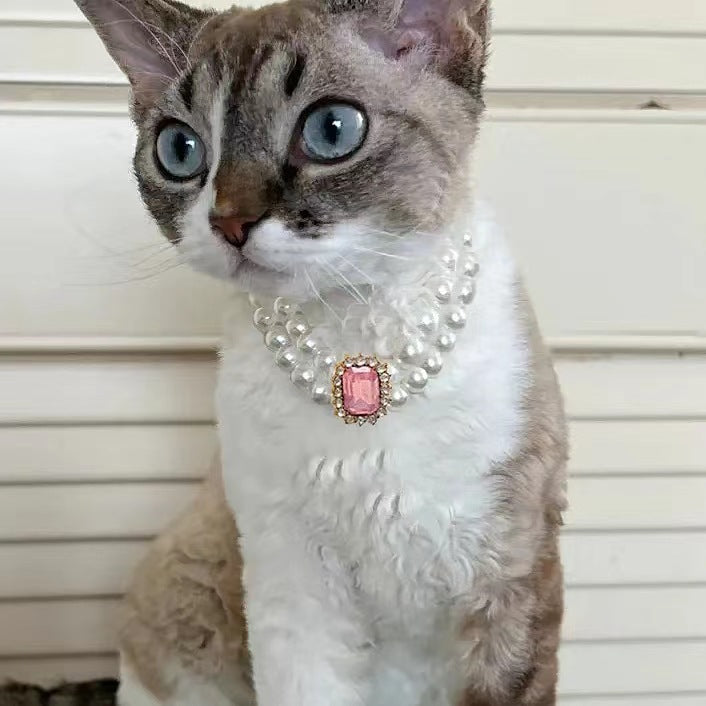 3-pcs Pink Diamond  Double Strand Pearl & Rhinestone Pet Necklace - Luxury Collar for Cats & Dogs Size L (30-36cm)