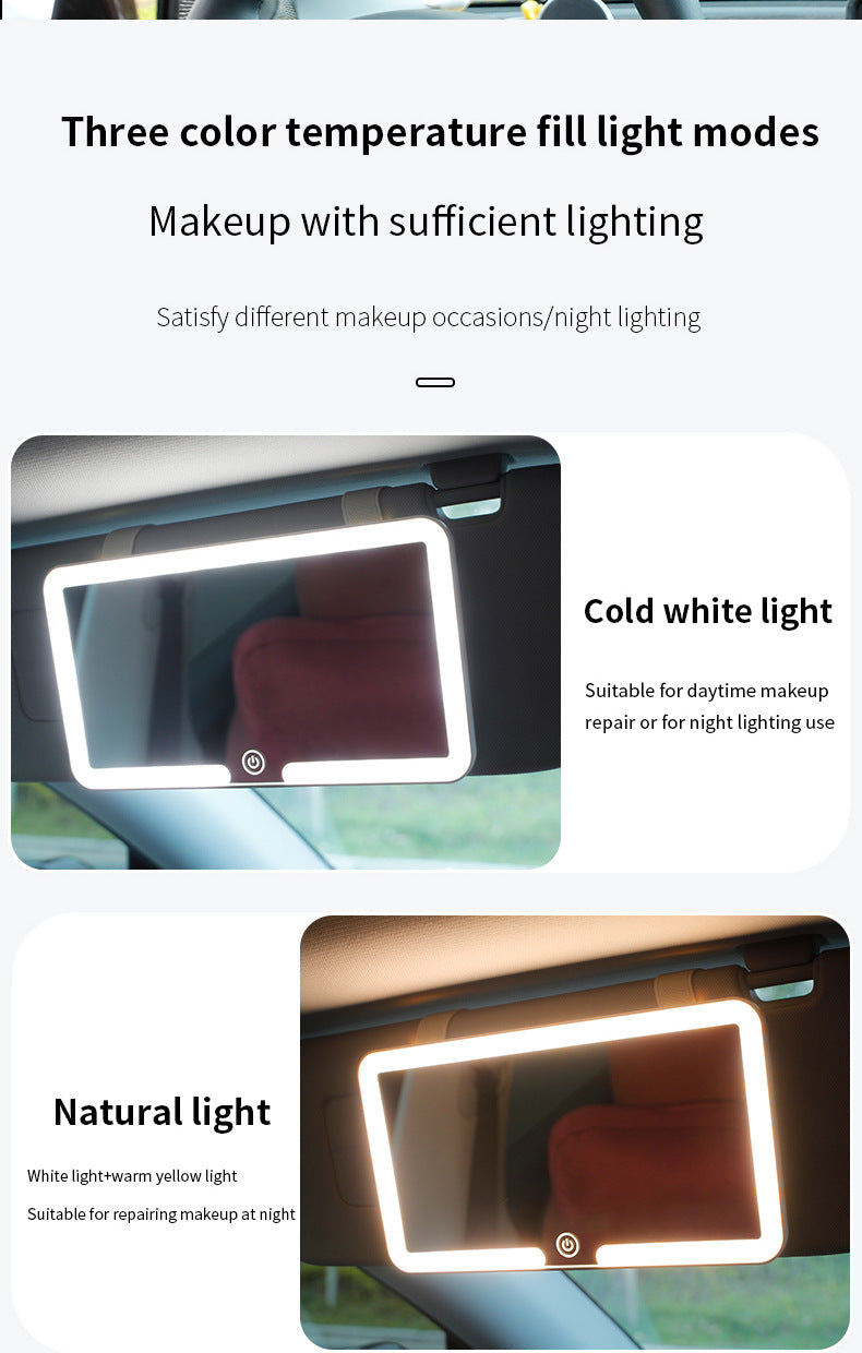 White double button Car Sun Visor Makeup Mirror with LED Light - Tri-Color, Touch Control