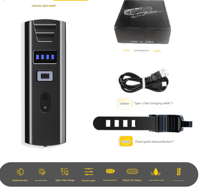 Bike Headlight - Rechargeable LED Bicycle Front Light, 85° Floodlight (Battery Display Model)