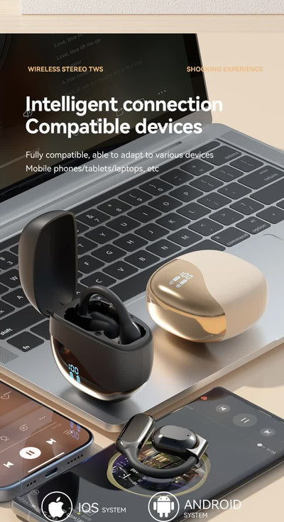 Black Open Ear Bluetooth 5.3 Headphones - Non-In-Ear, Ear Hook, Wireless Sports