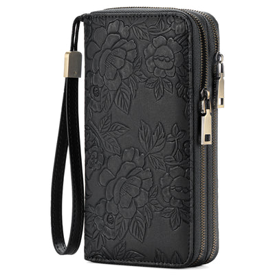 Black Embossed Design Large Capacity Vegan Leather Wallet with Wristlet