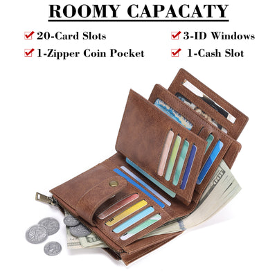 White And Black Compact Leather Wallet with 20 Card Slots & Zipper Coin Pocket