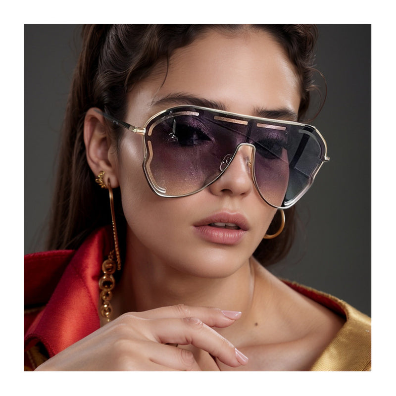 2-PCS Gold frame double gray film Oversized Aviator Sunglasses - Unique Cutout Design