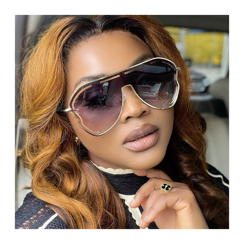 2-PCS Gold frame double gray film Oversized Aviator Sunglasses - Unique Cutout Design