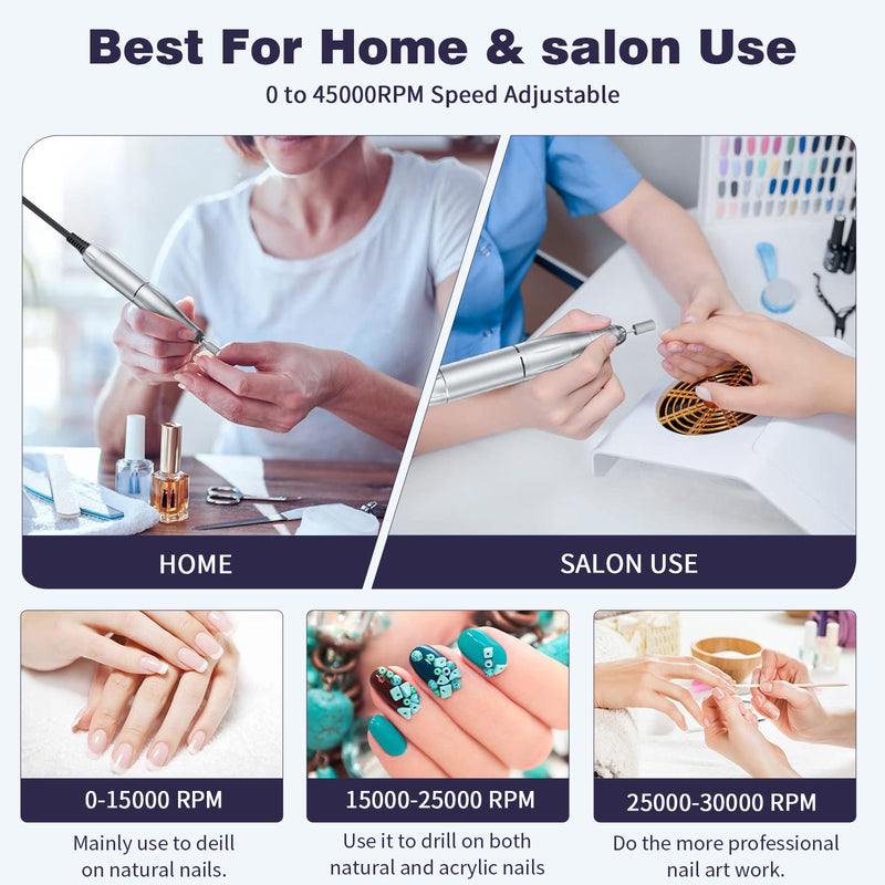 Purple Professional Electric Nail Drill, 45000RPM Rechargeable Nail Grinder Polisher for Salon & Home Use