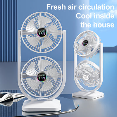 White Dual Head USB Rechargeable Desk Fan - Portable Double Air Circulator