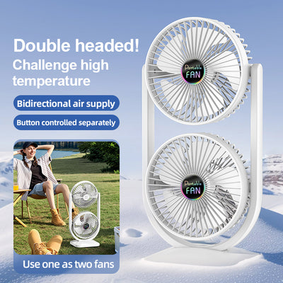 White Dual Head USB Rechargeable Desk Fan - Portable Double Air Circulator