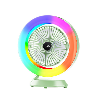 Green RGB Desktop Fan - USB Rechargeable, 3-Speed, 180° Adjustable, LED Light