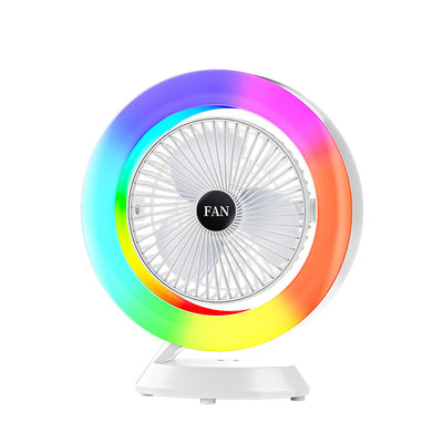 White RGB Desktop Fan - USB Rechargeable, 3-Speed, 180° Adjustable, LED Light