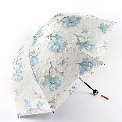 Water blue Elegant Lace Parasol - UV Protection, Sun & Rain Umbrella, Tri-Fold Design