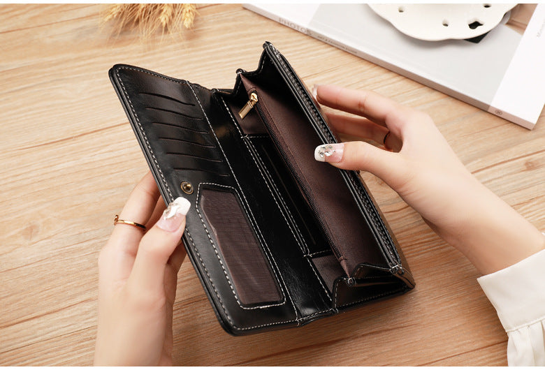 Black Classic Long Bifold Wallet for Women - Large Capacity Card Holder