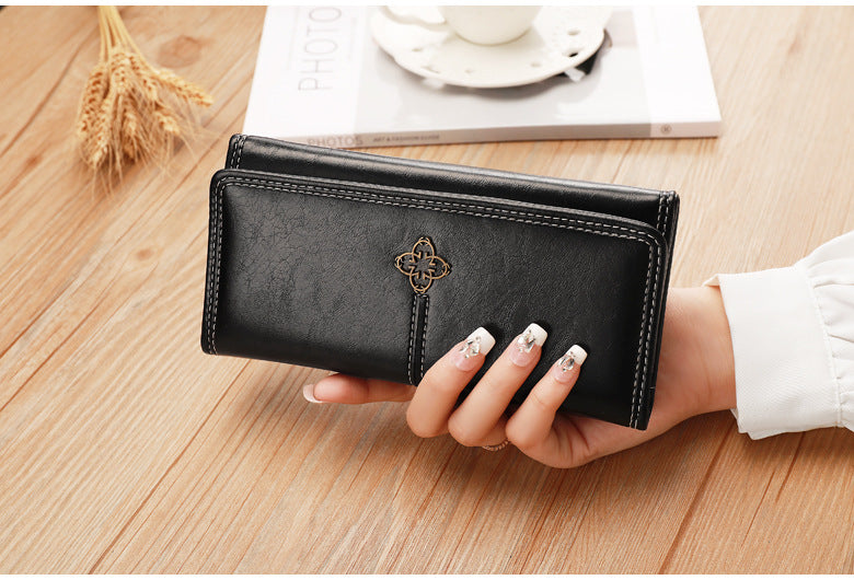 Black Classic Long Bifold Wallet for Women - Large Capacity Card Holder