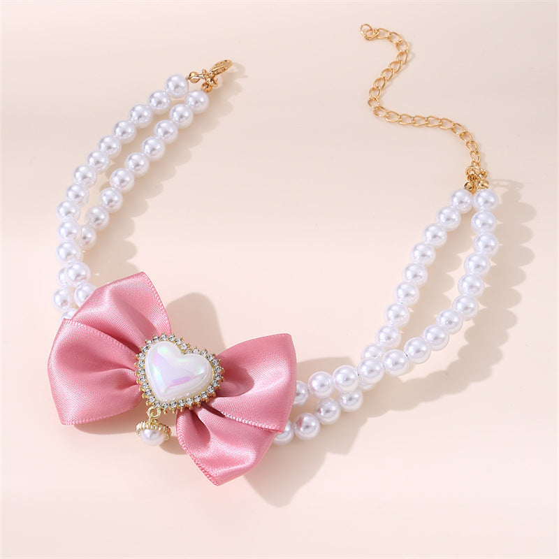 2 - PCS Cute Pet Pearl Necklace Collar with Pink Bow and Heart Charm - Size S