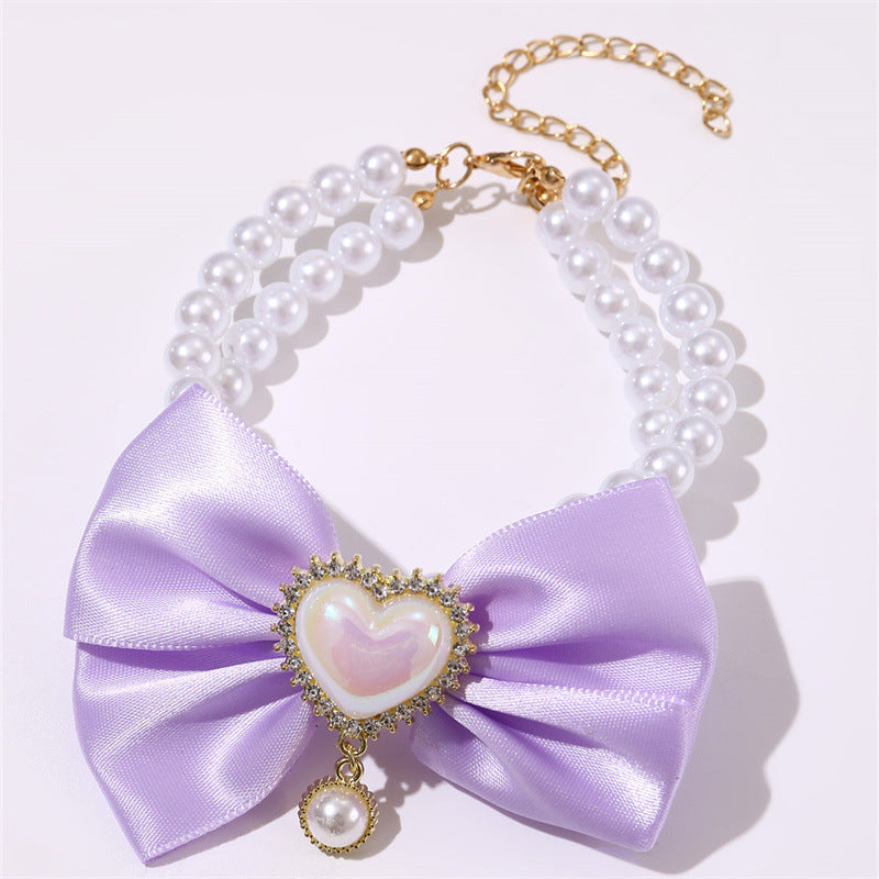 2 - PCS Cute Pet Pearl Necklace Collar with Purple Bow and Heart Charm - Size S